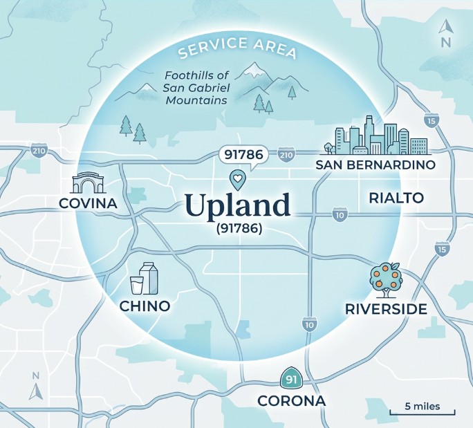 Map of the service area surrounding Upland, CA, including San Bernardino, Rialto, Riverside, Corona, Chino, and Covina